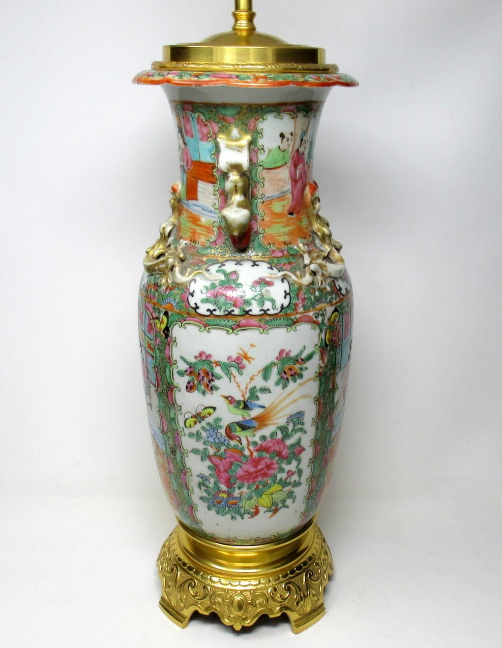 Early Victorian Antique Chinese Cantonese Famille Rose Hand Painted Porcelain Table Lamp Ormolu