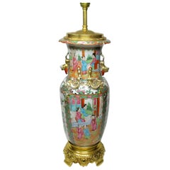 Antique Chinese Cantonese Famille Rose Hand Painted Porcelain Table Lamp Ormolu