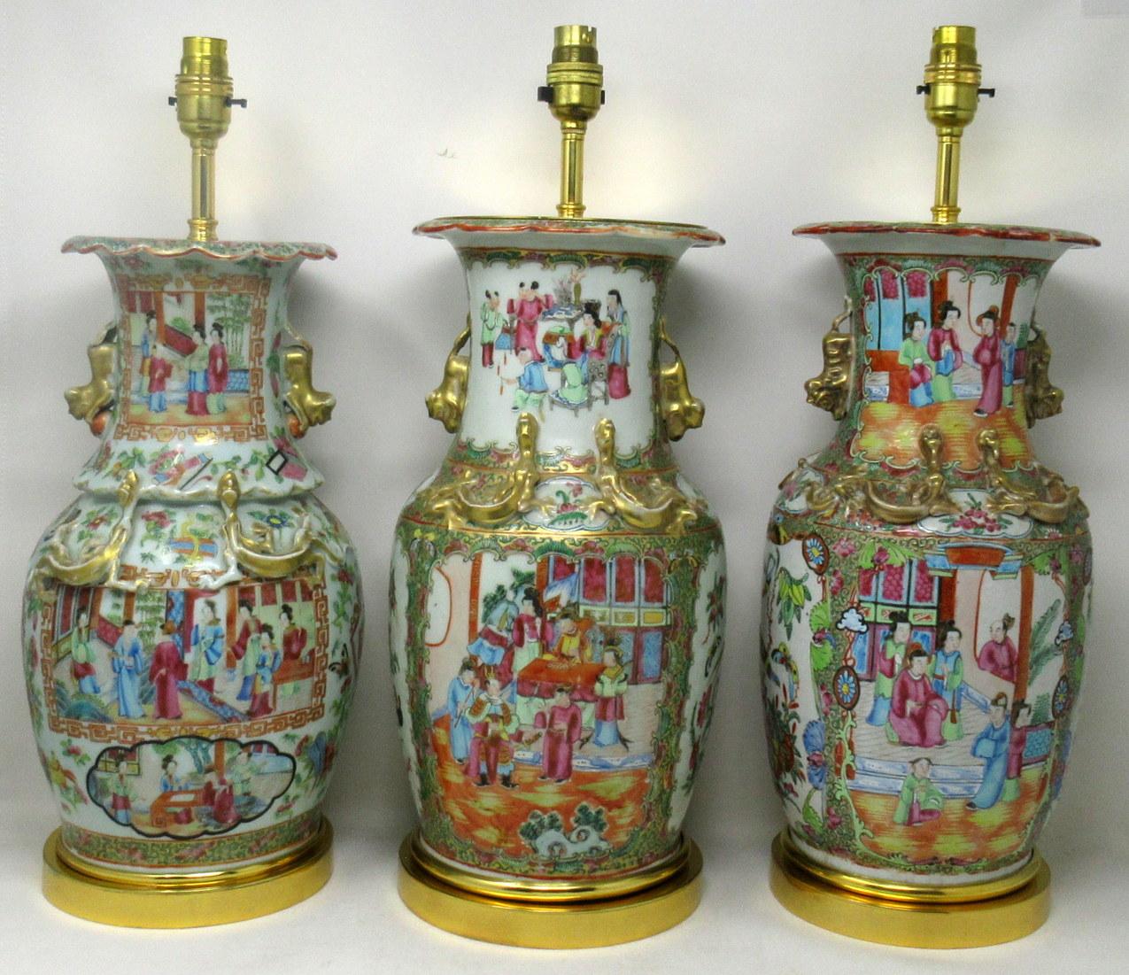 Antique Chinese Cantonese Famille Rose Verte Canton Porcelain Table Lamp Ormolu 5