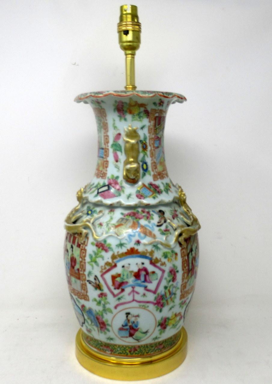 Early Victorian Antique Chinese Cantonese Famille Rose Verte Canton Porcelain Table Lamp Ormolu