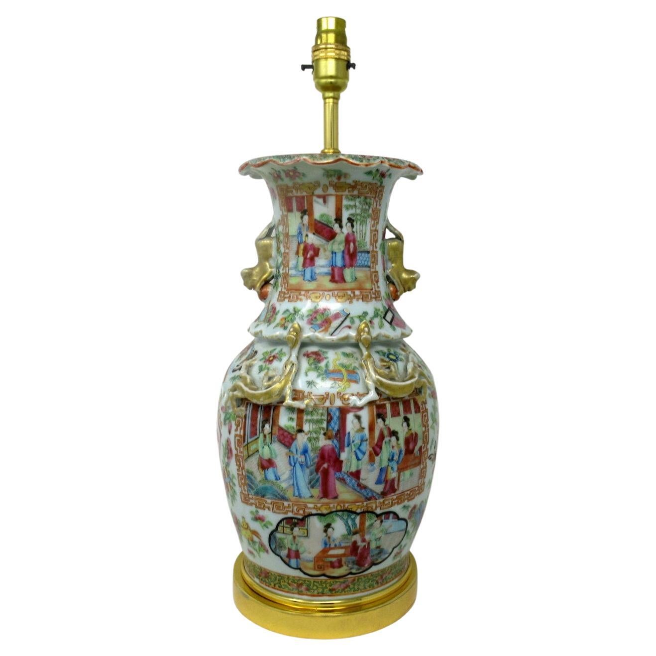 Antique Chinese Cantonese Famille Rose Verte Canton Porcelain Table Lamp Ormolu