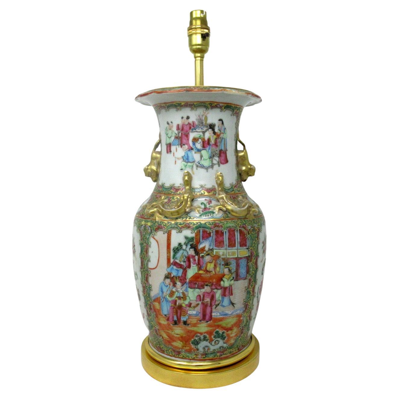 Antique Chinese Cantonese Famille Rose Verte Canton Porcelain Table Lamp Ormolu