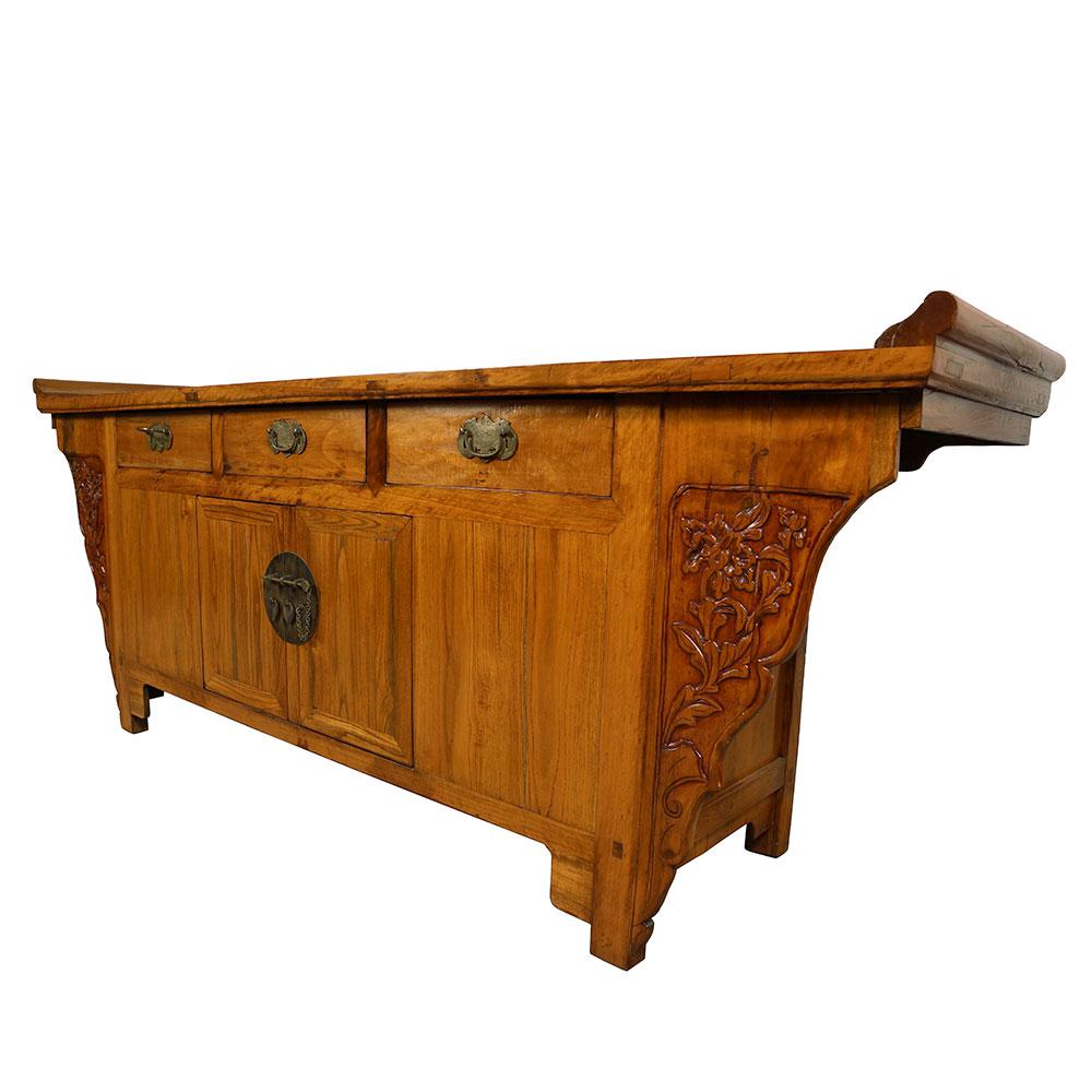 Size: 32.5in H x 87.5in W x 22.5in D
Drawer: 4in H x 15in W x 14in D
Door opening: 16in H x 26in W
Origin: China
Circa: 1900
Material: Wood
Condition: Original finished, solid wood construction, sturdy, normal age wear.

This Chinese Altar