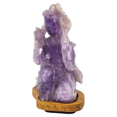 Antique Chinese Carved Amethyst Lady Wooden Stand Early 20c ROC Republic Period