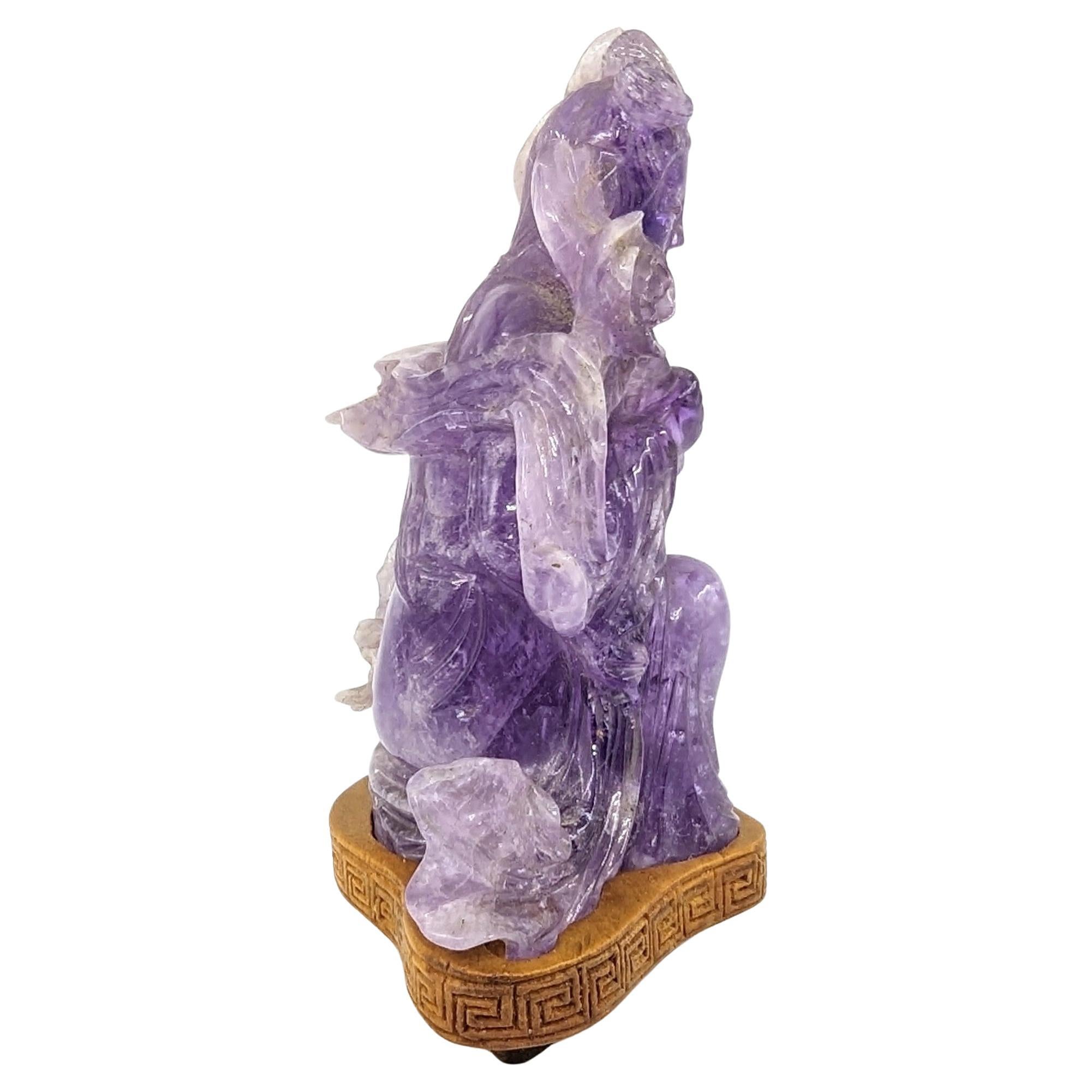 Antique Chinese Carved Amethyst Lady Wooden Stand Early 20c ROC Republic Period In Good Condition For Sale In Richmond, CA