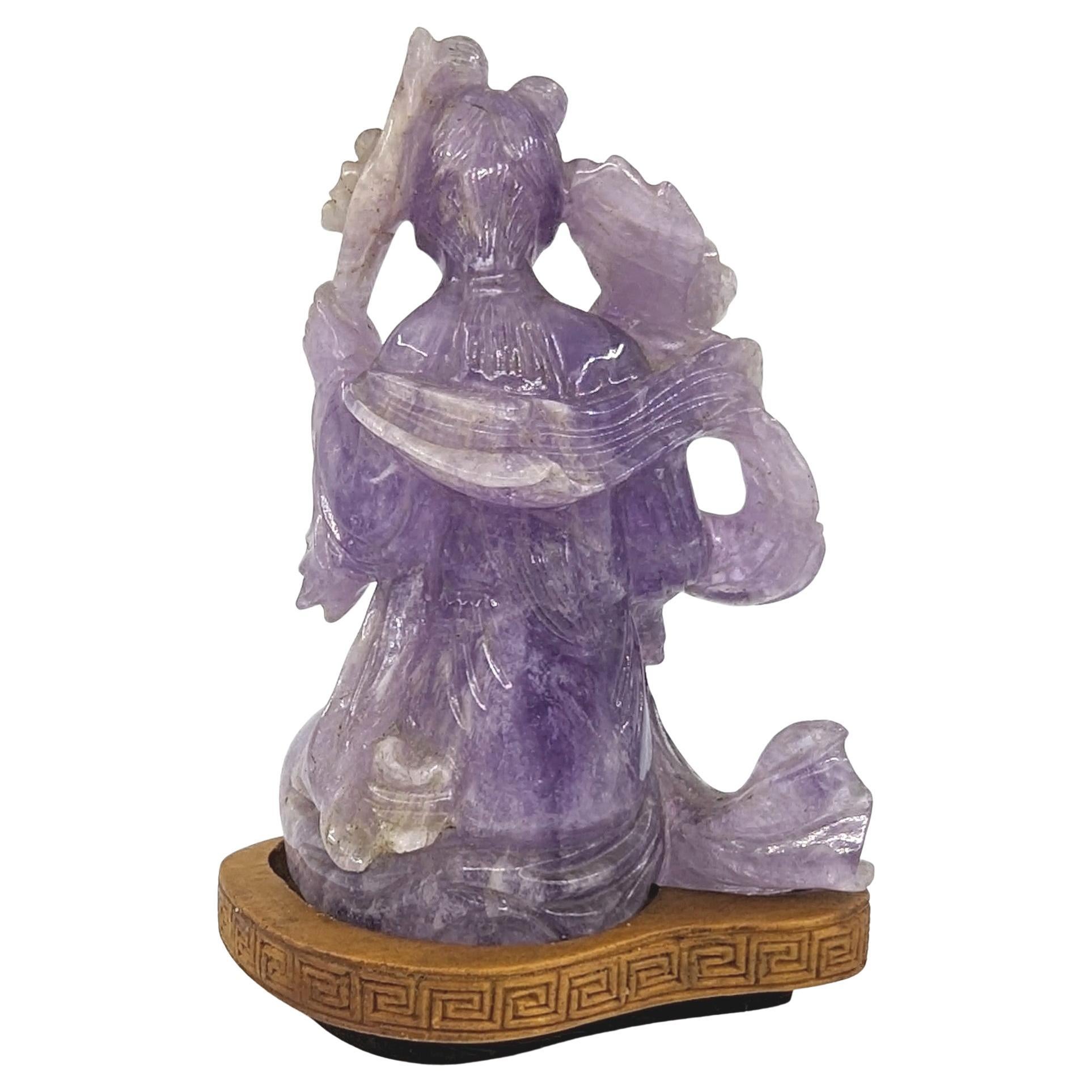 Women's or Men's Antique Chinese Carved Amethyst Lady Wooden Stand Early 20c ROC Republic Period For Sale