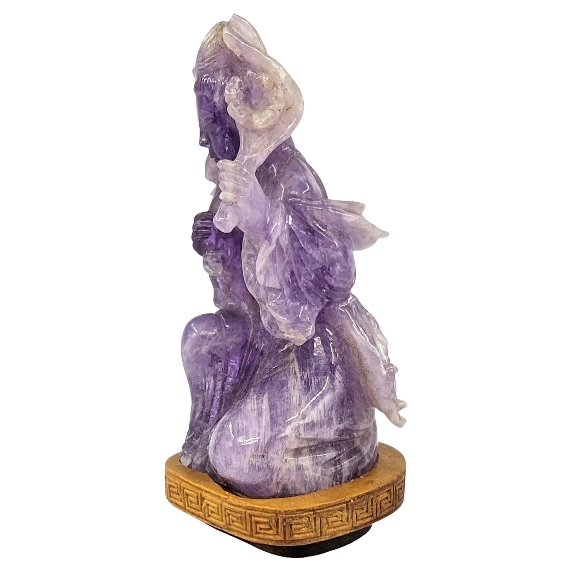 Antique Chinese Carved Amethyst Lady Wooden Stand Early 20c ROC Republic Period For Sale 1