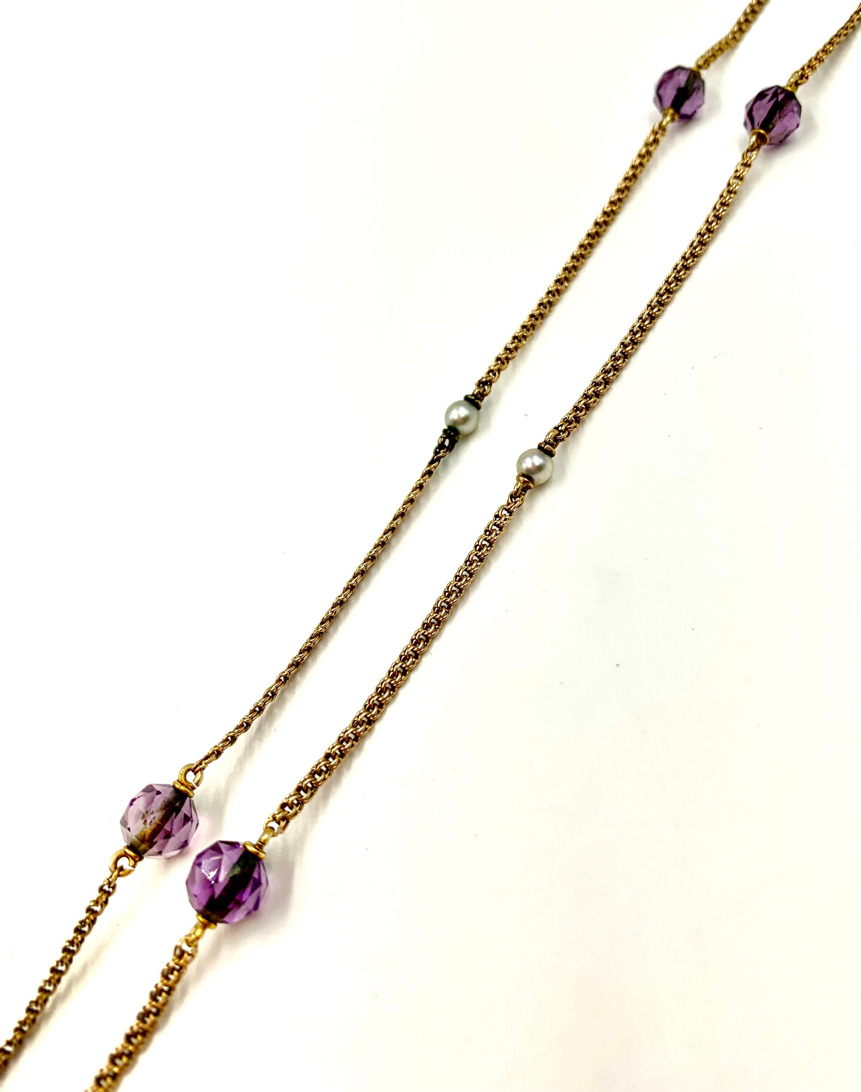 Antique Chinese Carved Amethyst Peach Pendant 14K Gold Natural Pearl Necklace For Sale 4