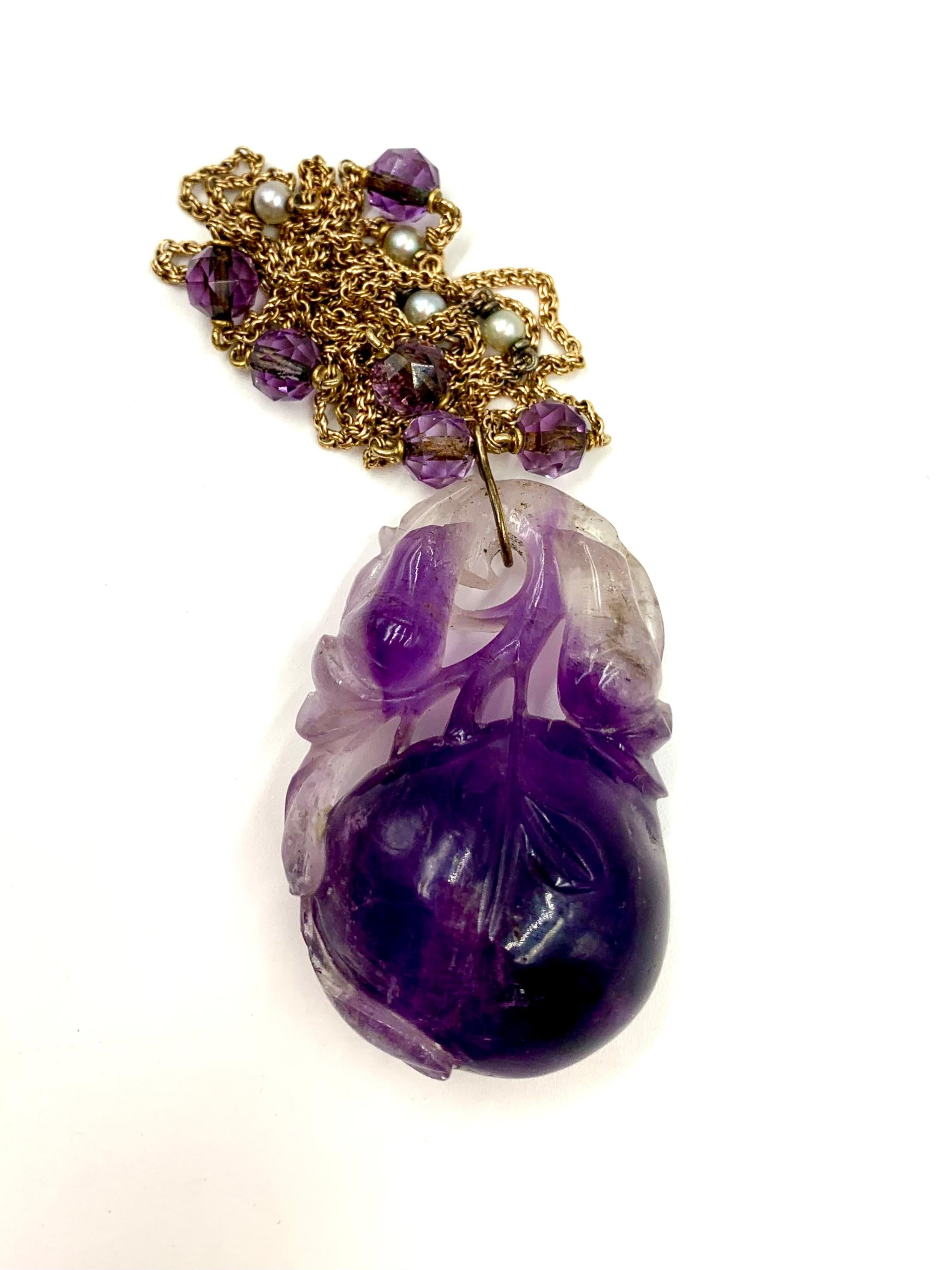 Antique Chinese Carved Amethyst Peach Pendant 14K Gold Natural Pearl Necklace For Sale 5