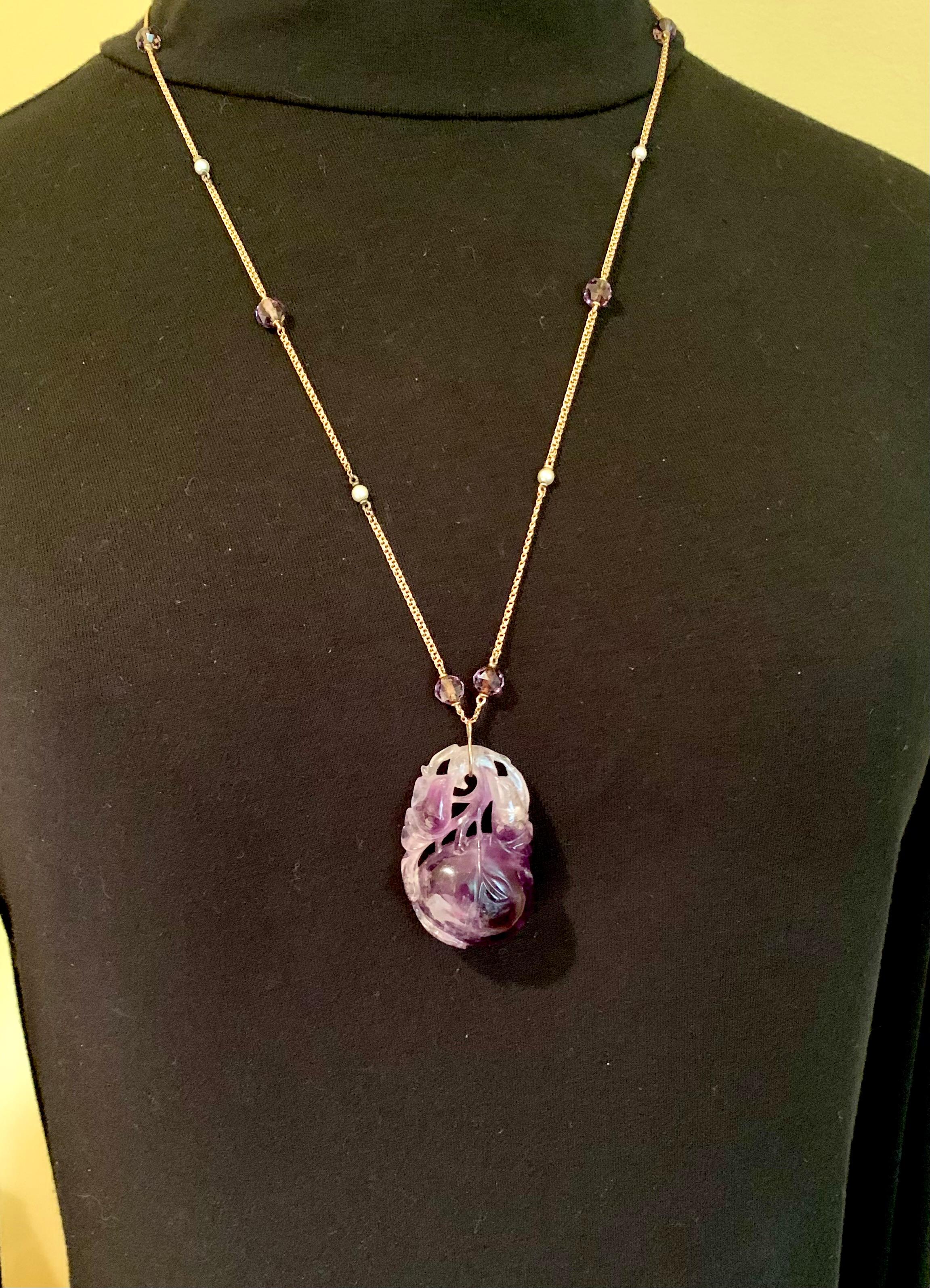 Antique Chinese Carved Amethyst Peach Pendant 14K Gold Natural Pearl Necklace For Sale 7