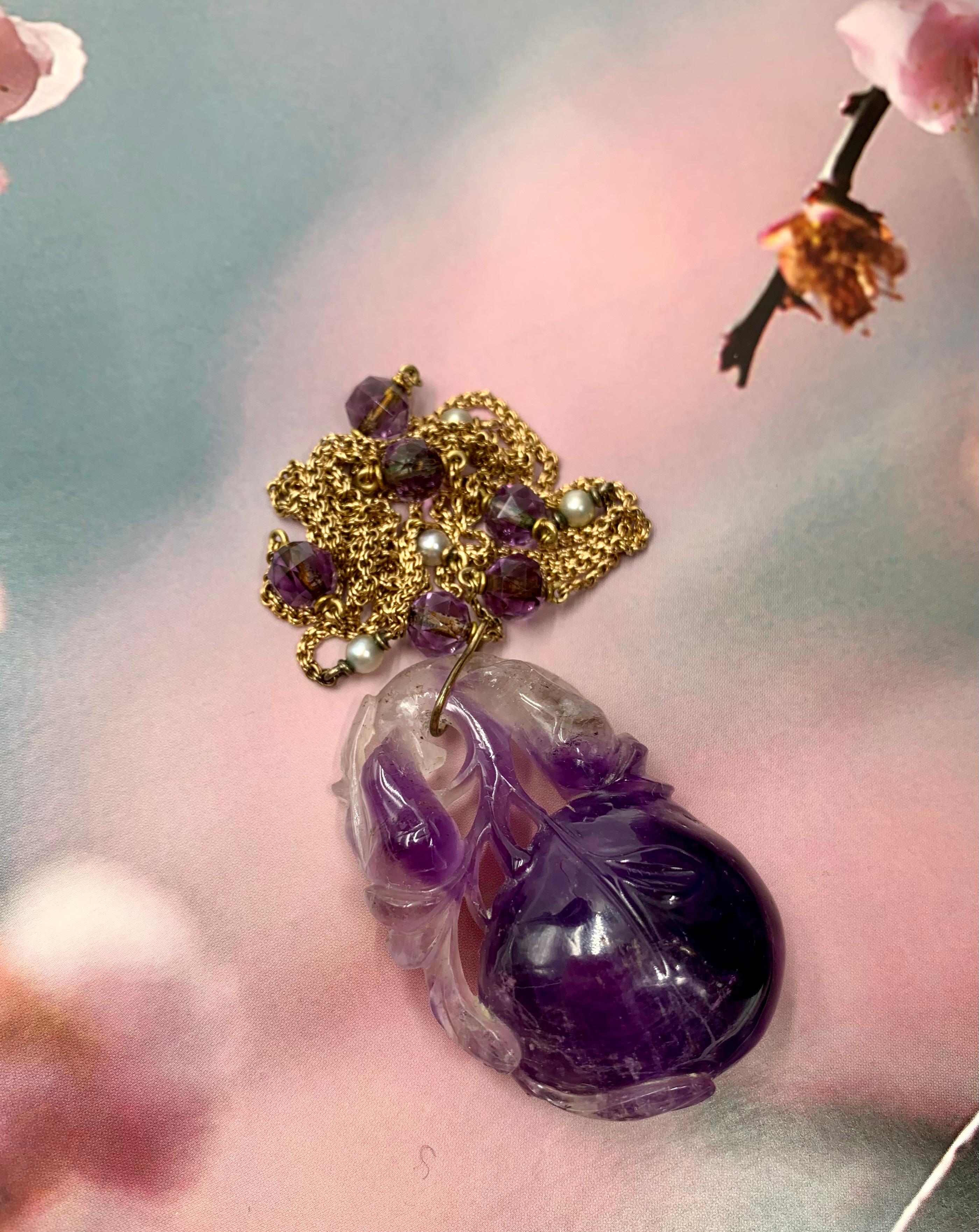 Antique Chinese Carved Amethyst Peach Pendant 14K Gold Natural Pearl Necklace For Sale 9