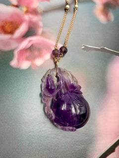 Antique Chinese Carved Amethyst Peach Pendant 14K Gold Natural Pearl Necklace