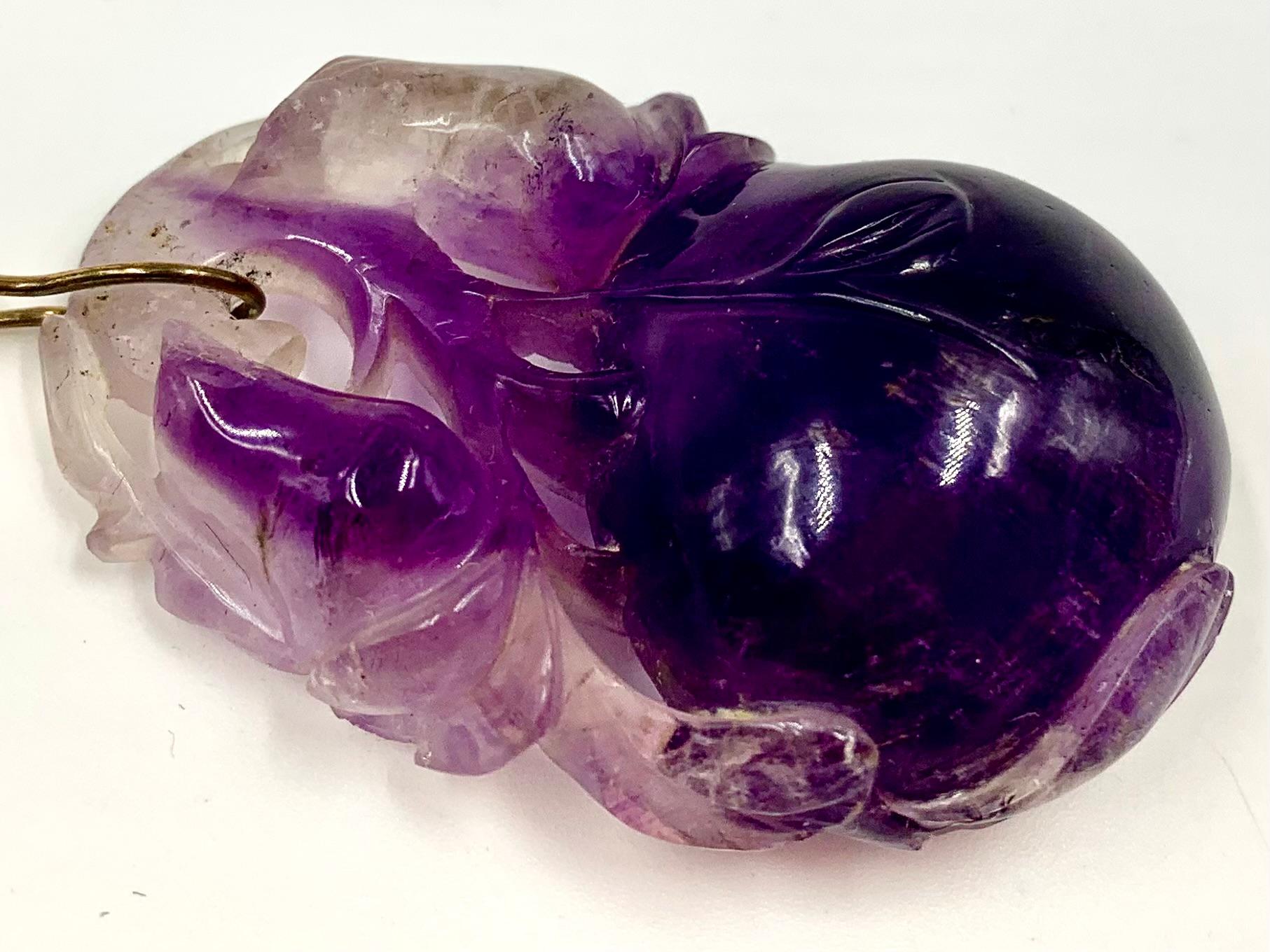 Antique Chinese Carved Amethyst Peach Pendant 14K Gold Natural Pearl Necklace For Sale 3