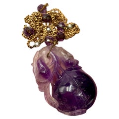 Antique Chinese Carved Amethyst Peach Pendant 14K Gold Natural Pearl Necklace