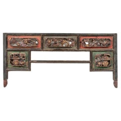 Antique Chinese Carved And Paint Decorated Panel