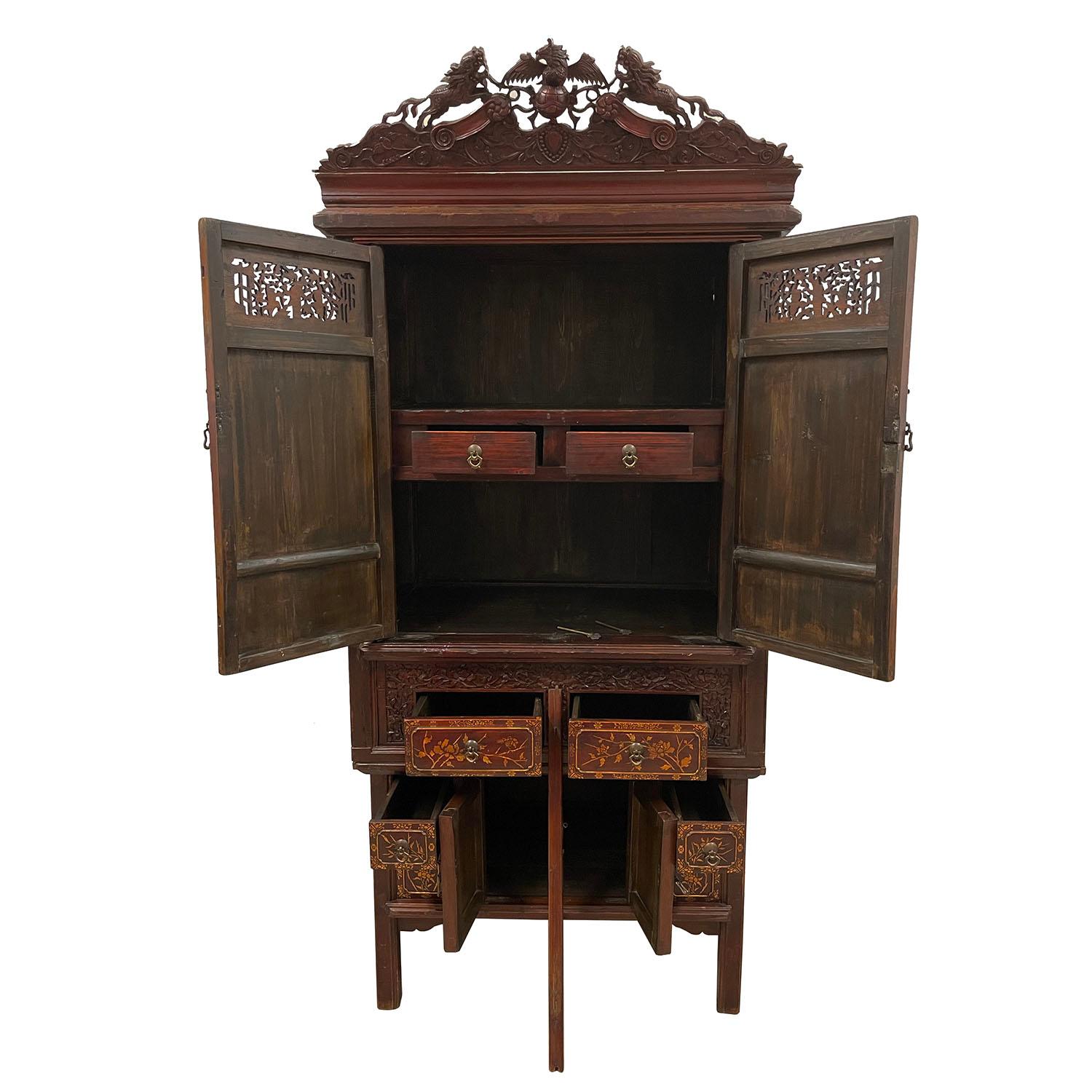 Antique Chinese Carved and Painted Wedding Armoire/Wardrobe In Fair Condition In Pomona, CA