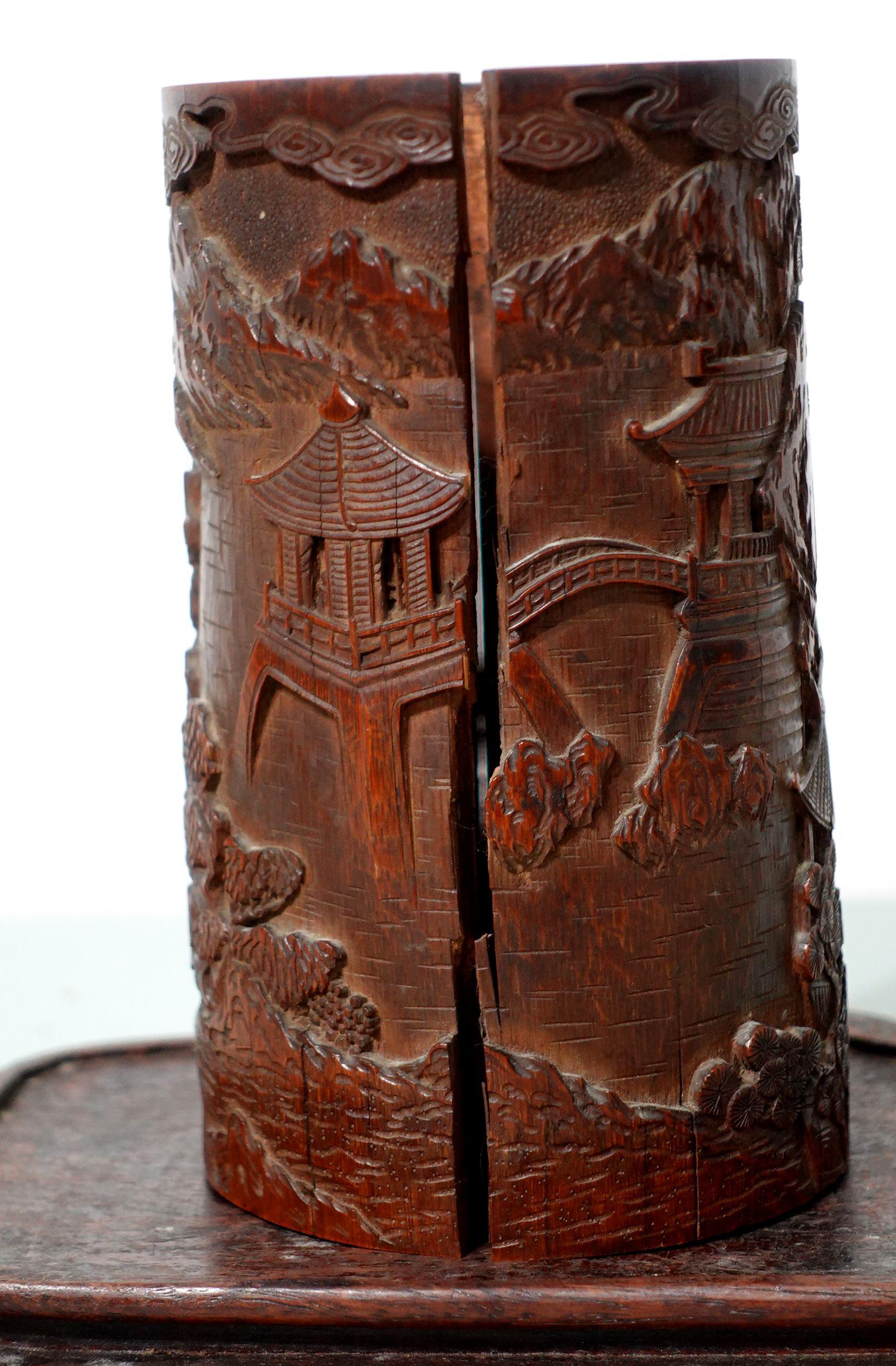 Antique Chinese Carved Bamboo Brush Pot, 18th/Early 19th Century with Wood Stand In Fair Condition For Sale In Norton, MA