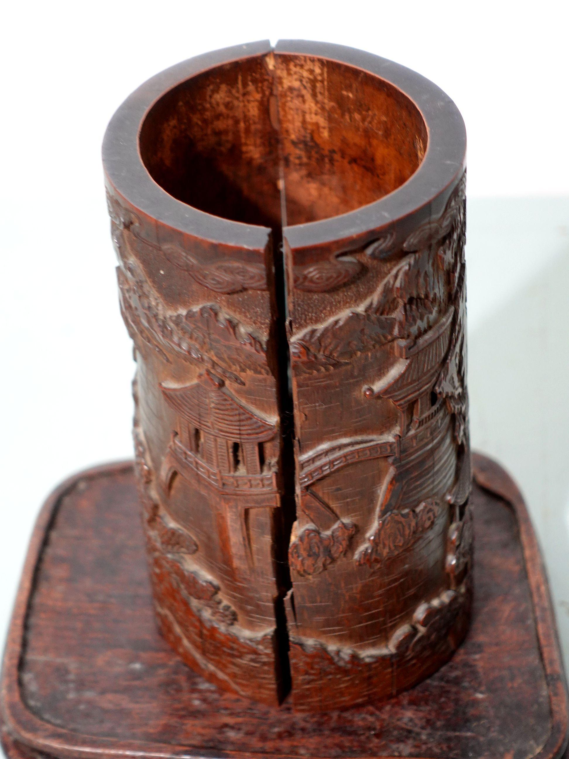 18th Century and Earlier Antique Chinese Carved Bamboo Brush Pot, 18th/Early 19th Century with Wood Stand For Sale