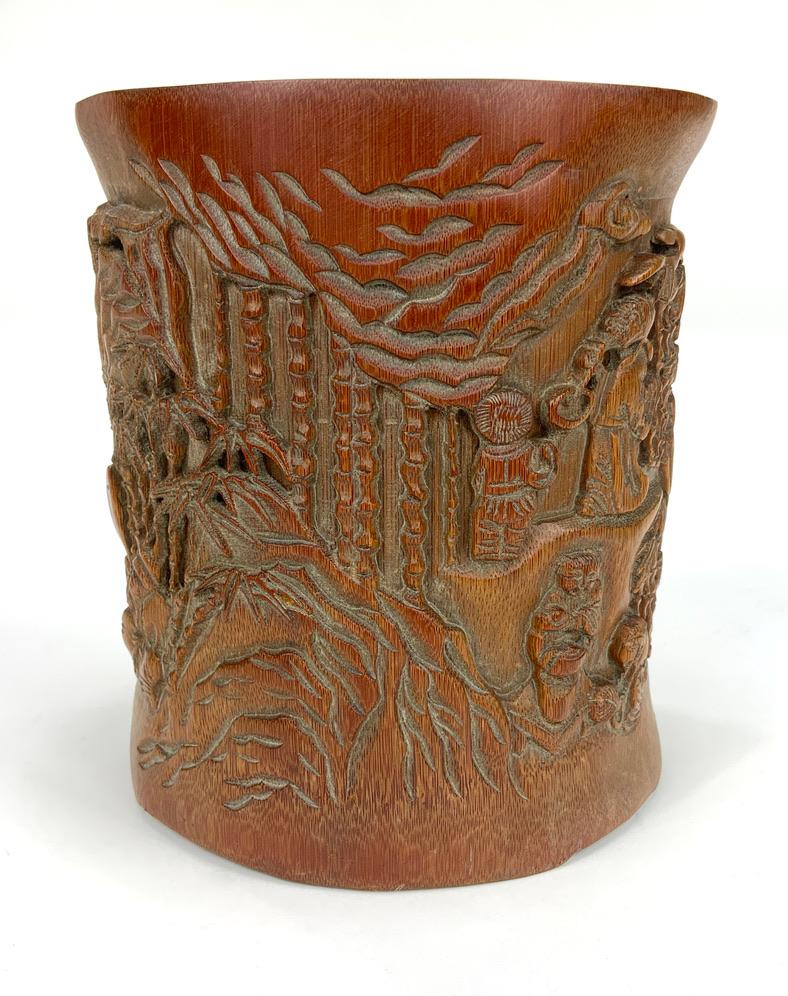 Qing Antique Chinese Carved Bamboo Brush Pot For Sale