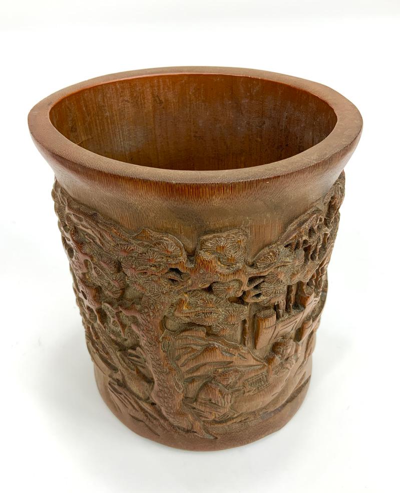 19th Century Antique Chinese Carved Bamboo Brush Pot For Sale