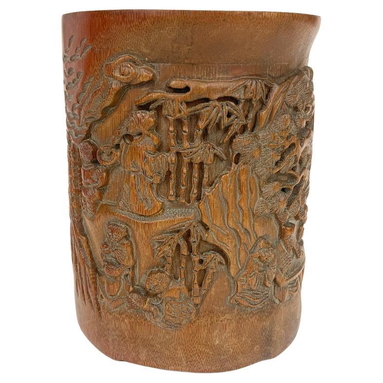 Antique Chinese Carved Bamboo Brush Pot For Sale