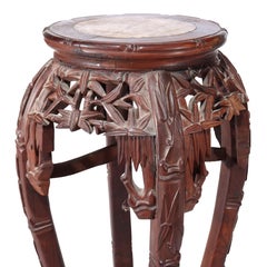 Antique Chinese Carved Bamboo Form Hardwood Marble Top Table c1920