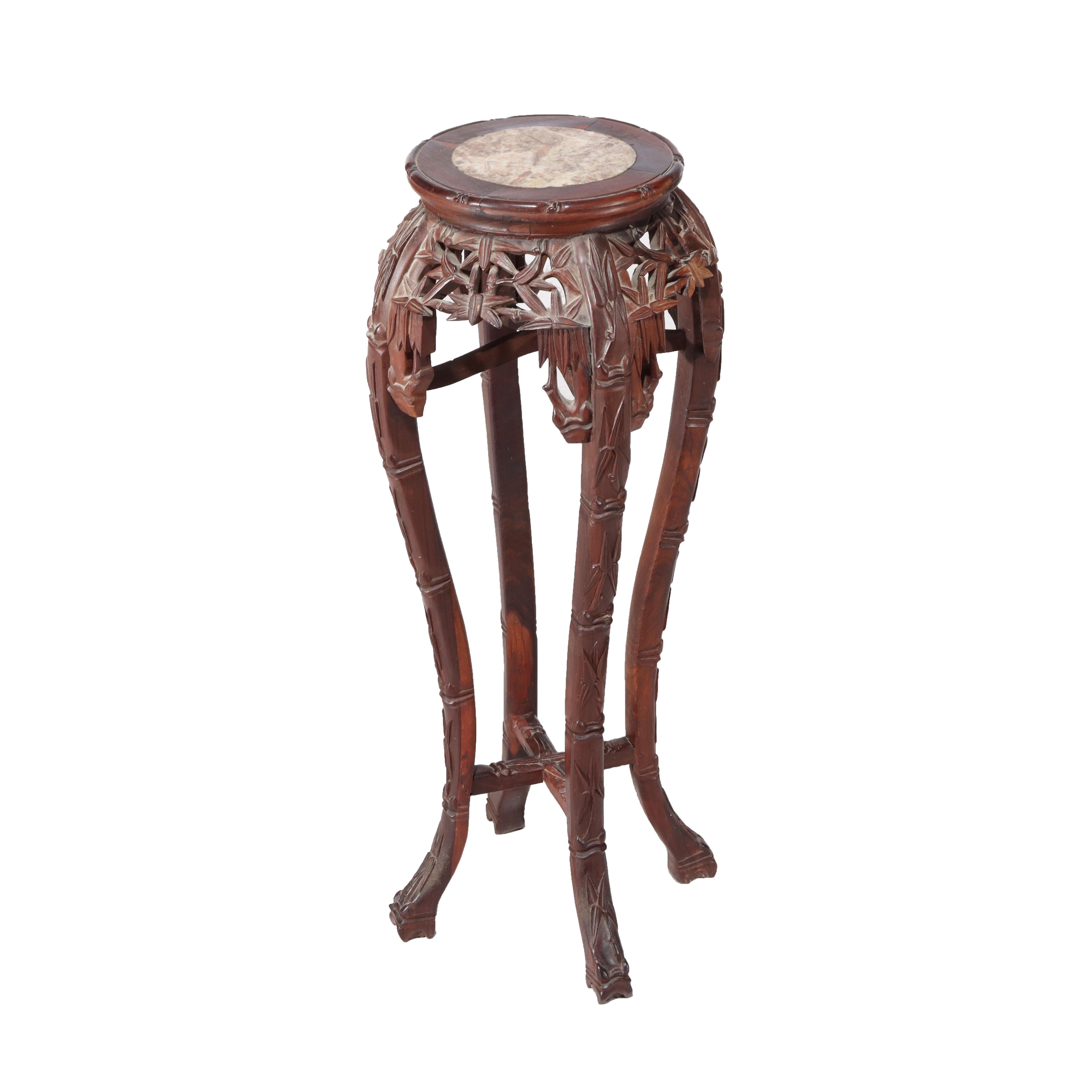 XX secolo Antico tavolo cinese in legno duro intagliato a forma di bambù con piano in marmo del 1920 ca. in vendita