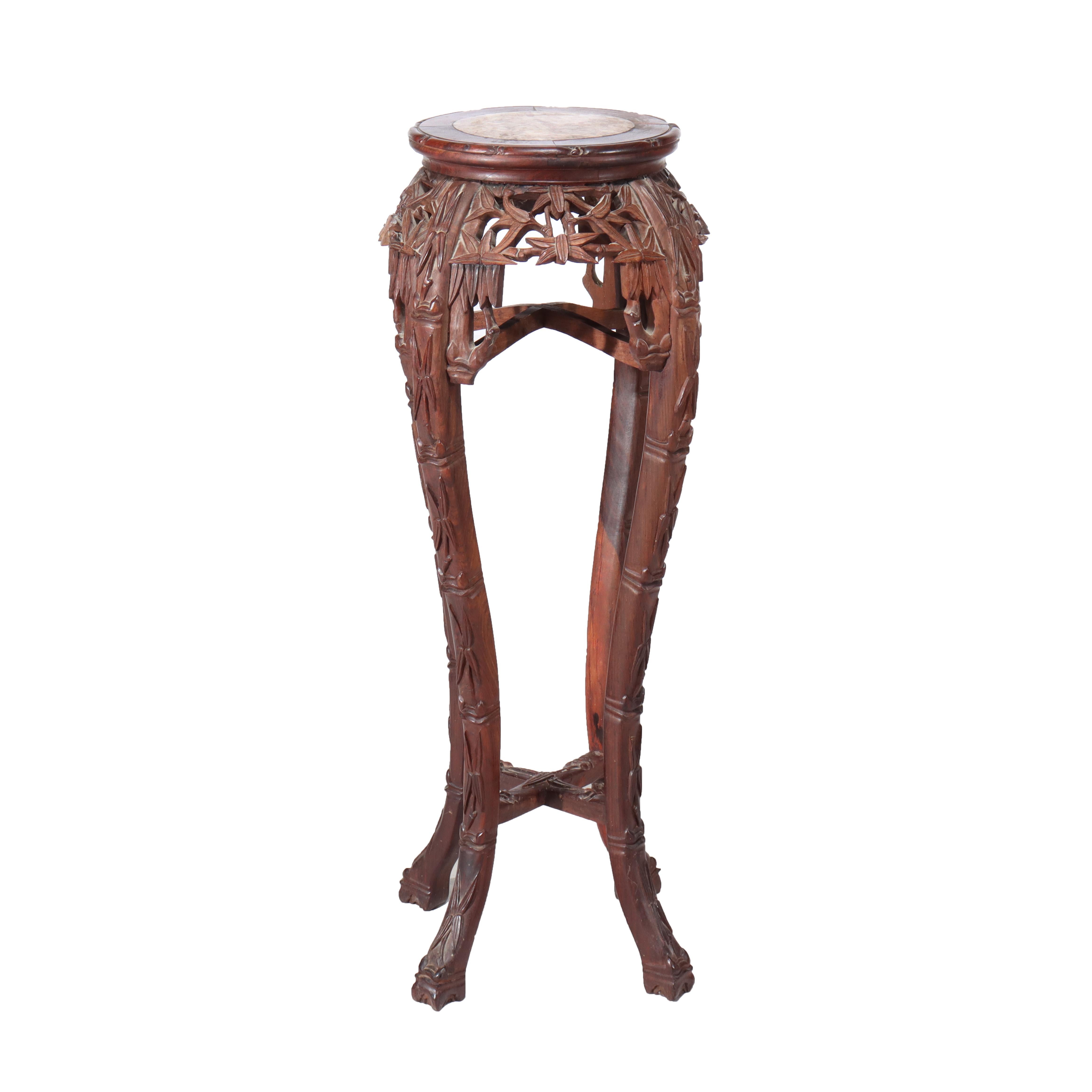 Antico tavolo cinese in legno duro intagliato a forma di bambù con piano in marmo del 1920 ca. in vendita 1