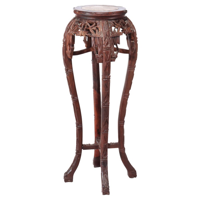 Antike chinesische geschnitzt Bambus Form Hartholz Marmor Top Tisch c1920  im Angebot bei 1stDibs Deutschland