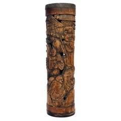 Tube d'encens chinois ancien en bambou sculpté avec scène rurale, vers 1920, Chine