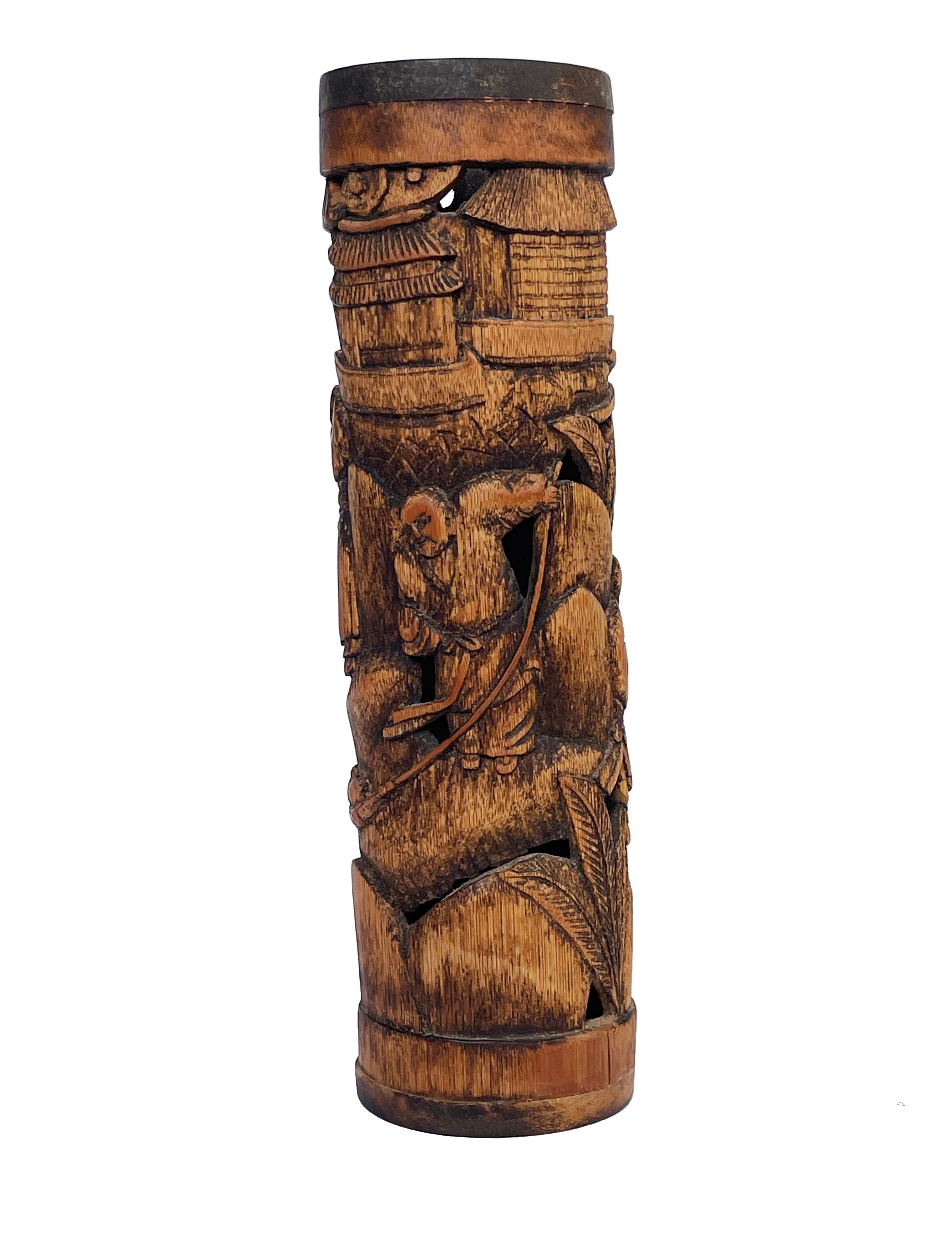 Qing Antique Chinese Carved Bamboo Incense Tube with Rural Scene For Sale