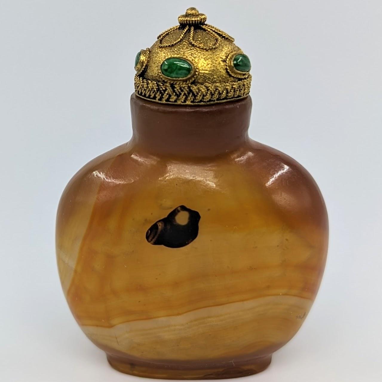 Antike chinesische Schatten-Achat-Schnupftabakflasche „Floater“ mit Jadeit-Intarsien 18c-19c Qing  im Angebot 7