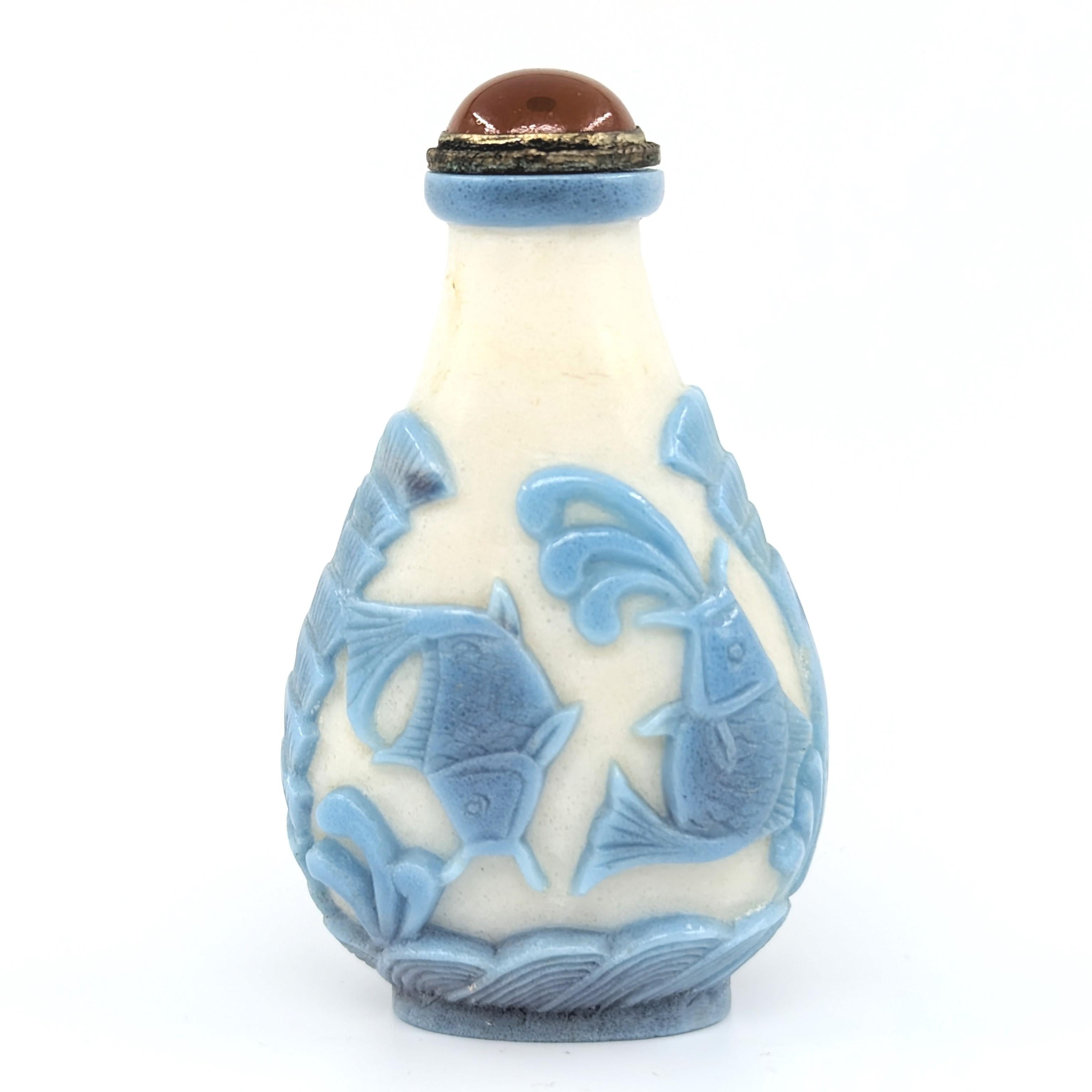 Hand-Carved Antique Chinese Carved Blue Colour Glass Overlay Snuff Bottle Late Qing 19/20c For Sale