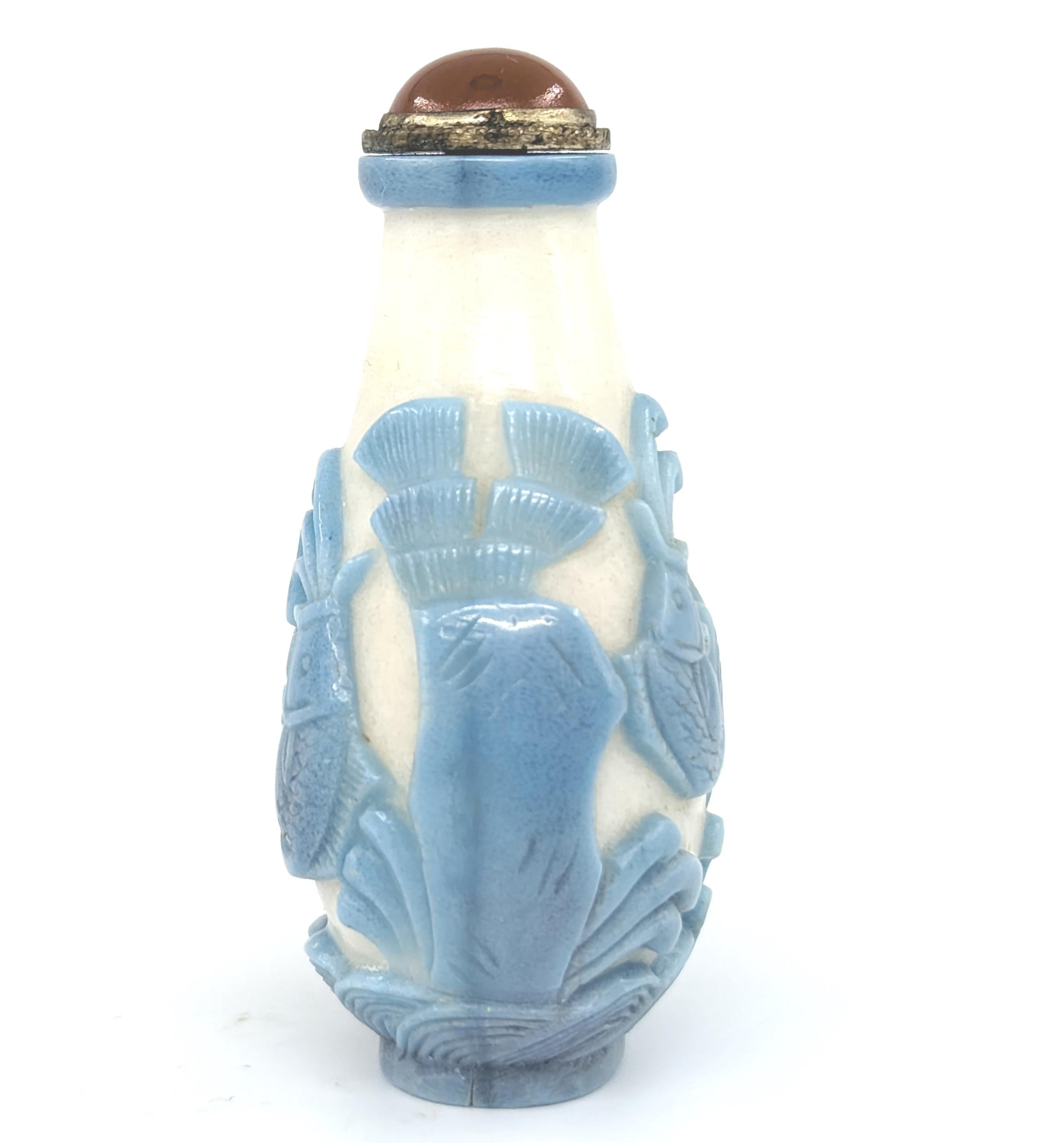 20th Century Antique Chinese Carved Blue Colour Glass Overlay Snuff Bottle Late Qing 19/20c For Sale