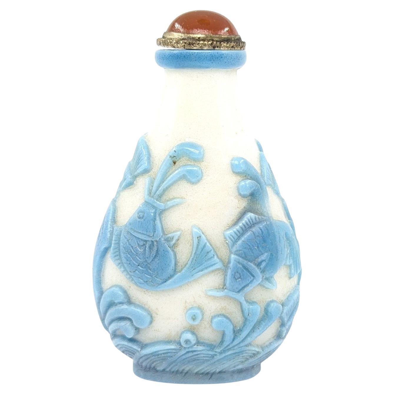 Antique Chinese Carved Blue Colour Glass Overlay Snuff Bottle Late Qing 19/20c For Sale
