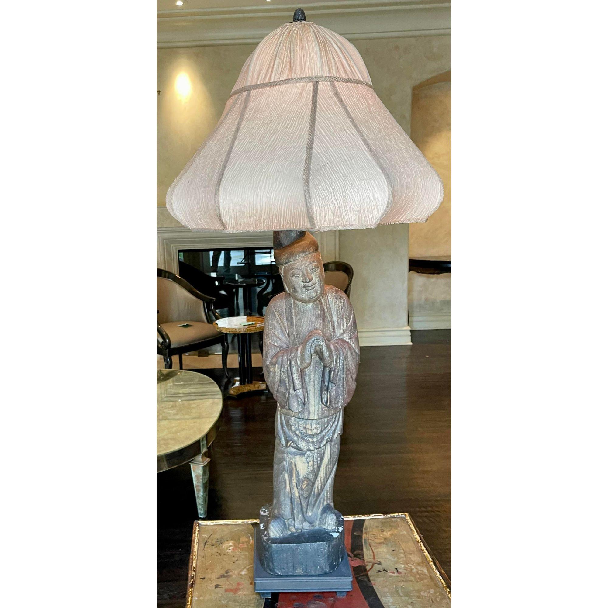 Antique Chinese Carved Buddha Sculpture Now a Designer Lamp. It is beautifully mounted and includes the custom made shade illustrated.

Additional information: 
Materials: Lights, Silk, Wood
Color: Beige
Period: 19th Century 
Styles: Chinese,