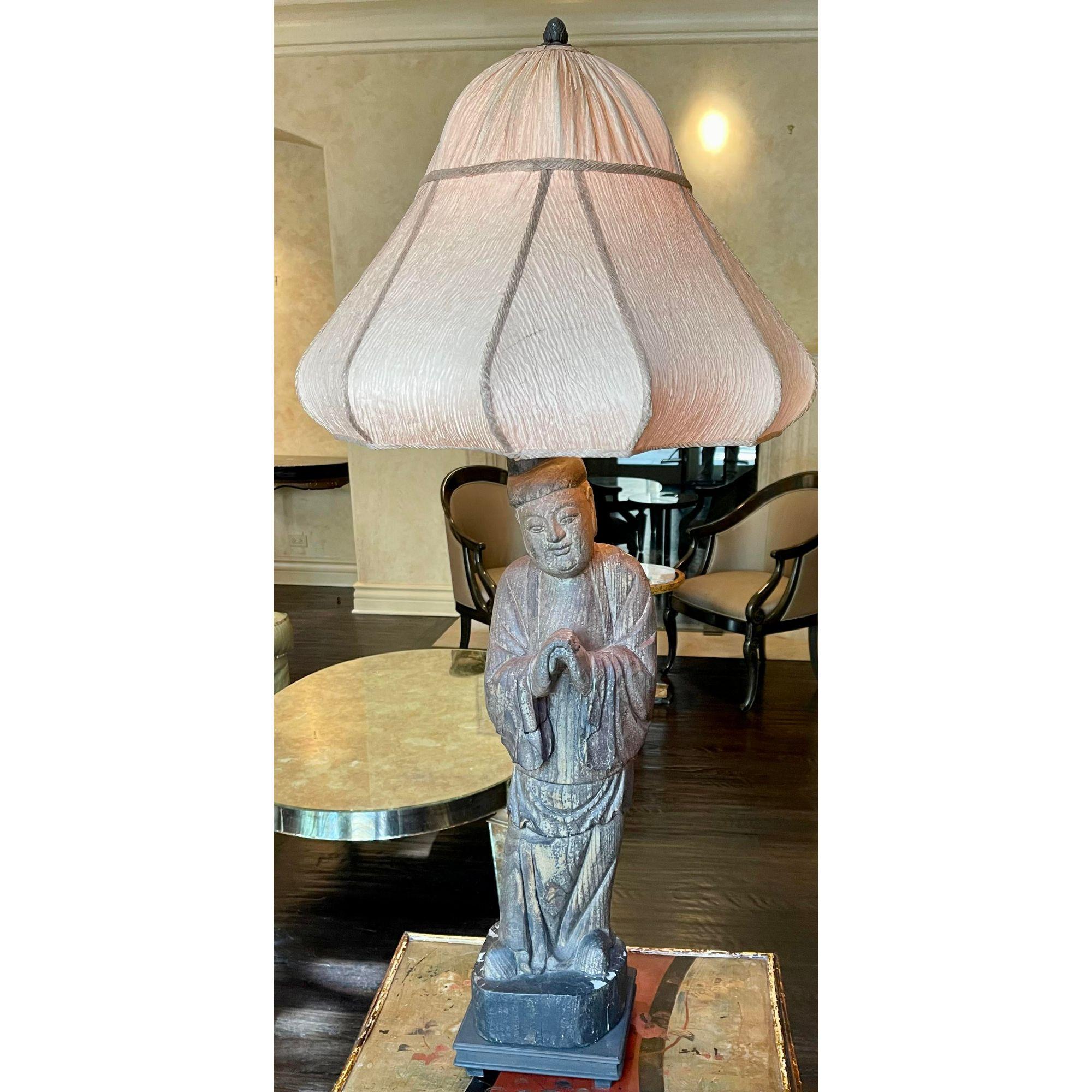 Wood Antique Chinese Carved Buddha Sculpture Now A Designer Lamp For Sale