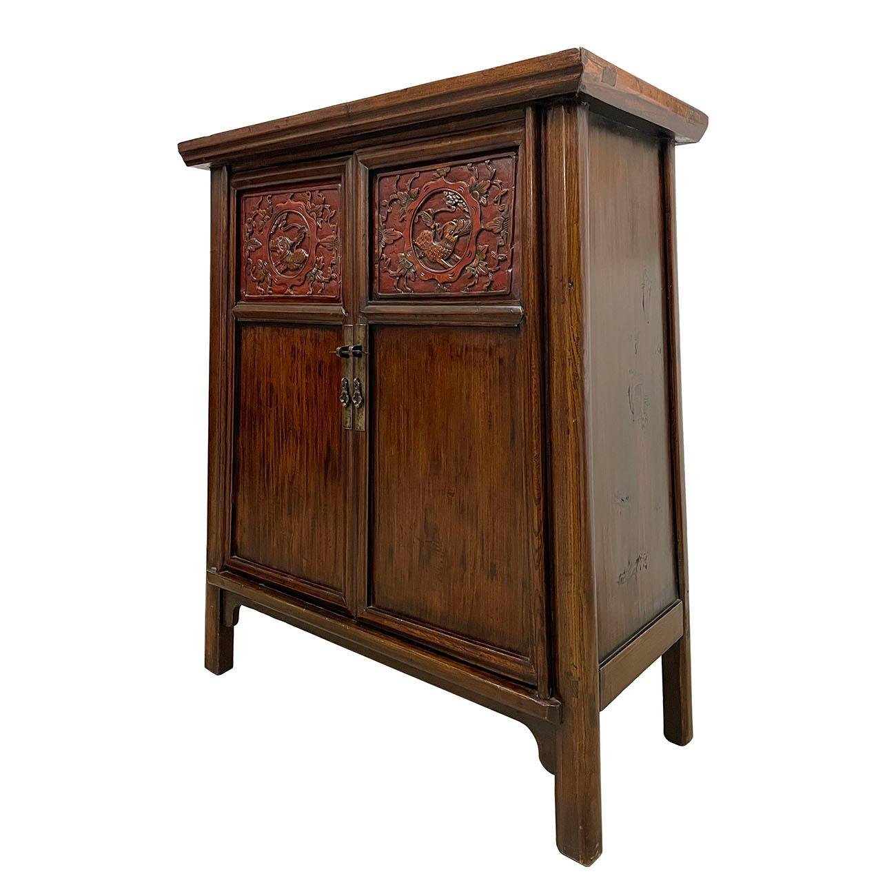 Size: 40in H x 32.5in W x 15in D?
?Door opening: 29in H x 25in W
Origin: China
Circa: 1900 - 1940
Material: Wood
Condition: Solid wood construction, antique hardware, finished on sides/back, normal age wear

Description: What a find! This is