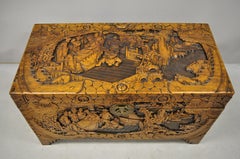 Antique Chinese Carved Camphor Wood Figural Trunk Blanket Hope Chest
