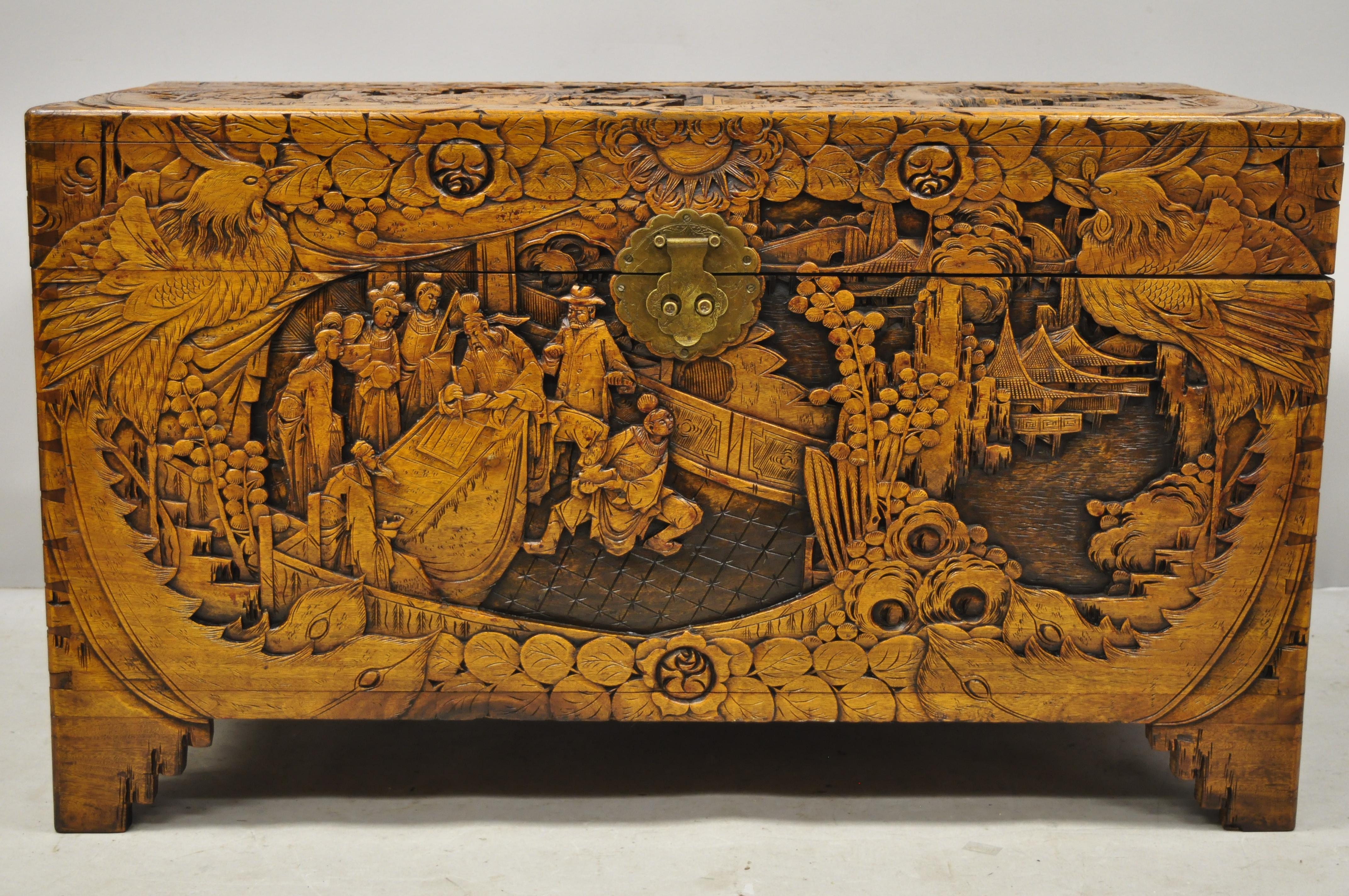 Antique Chinese Carved Camphor Wood Figural Trunk Blanket Hope Chest In Good Condition In Philadelphia, PA