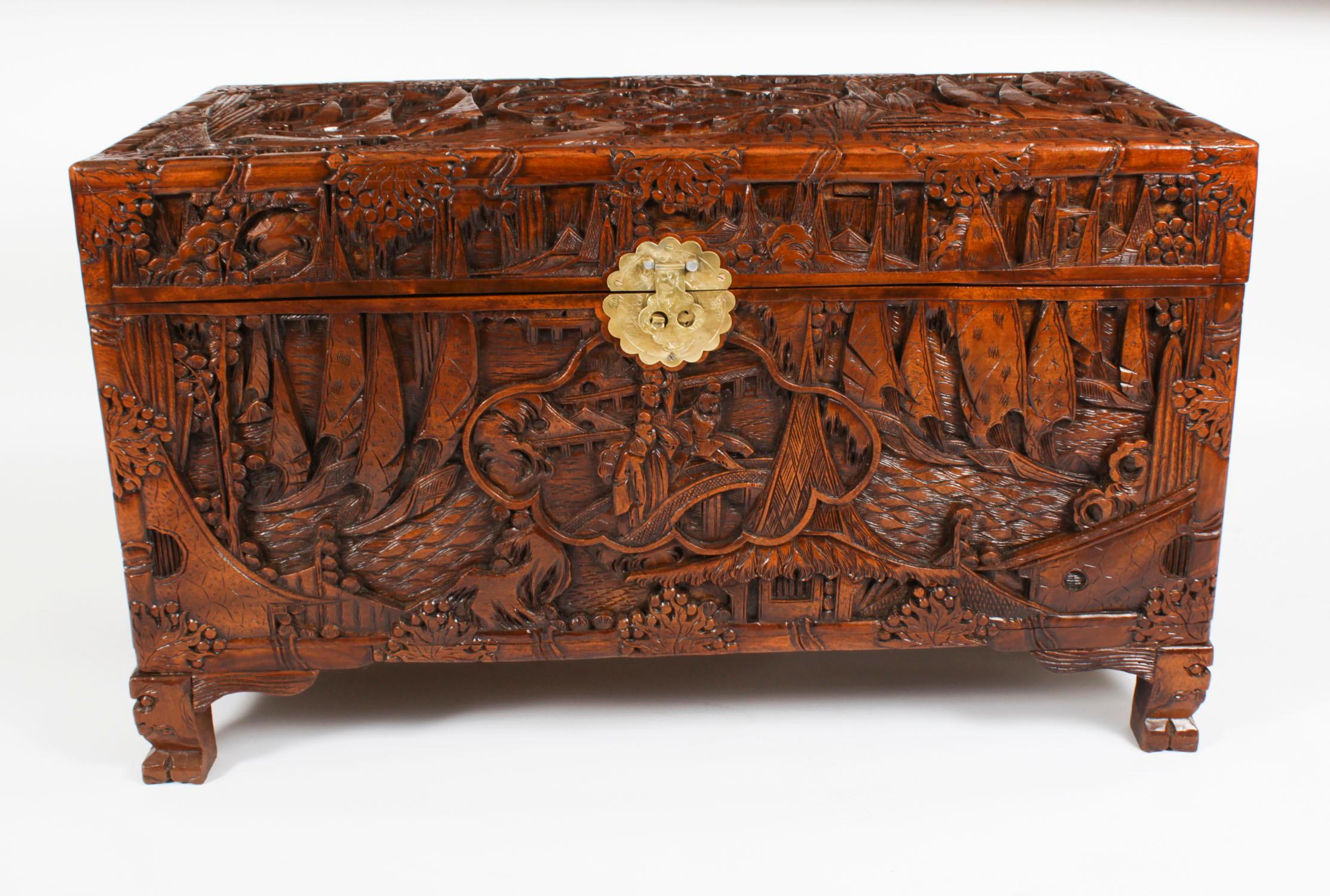 Early 20th Century Antique Chinese Carved Camphor wood Trunk Coffer 20th Century For Sale