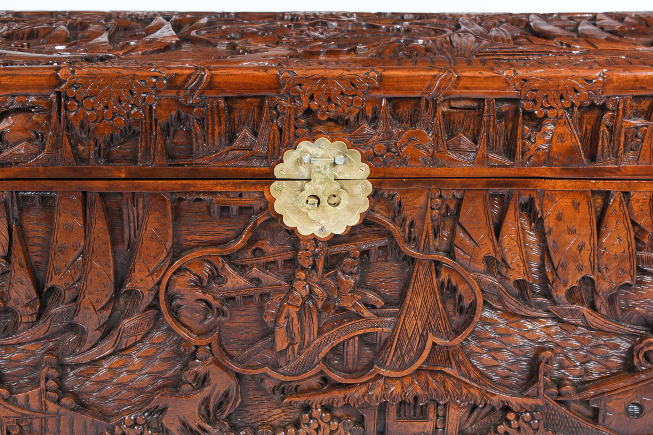 Wood Antique Chinese Carved Camphor wood Trunk Coffer 20th Century For Sale