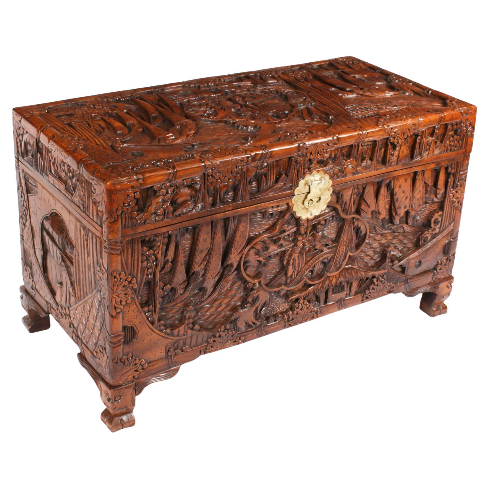 Antique Chinese Carved Camphor wood Trunk Coffer 20th Century