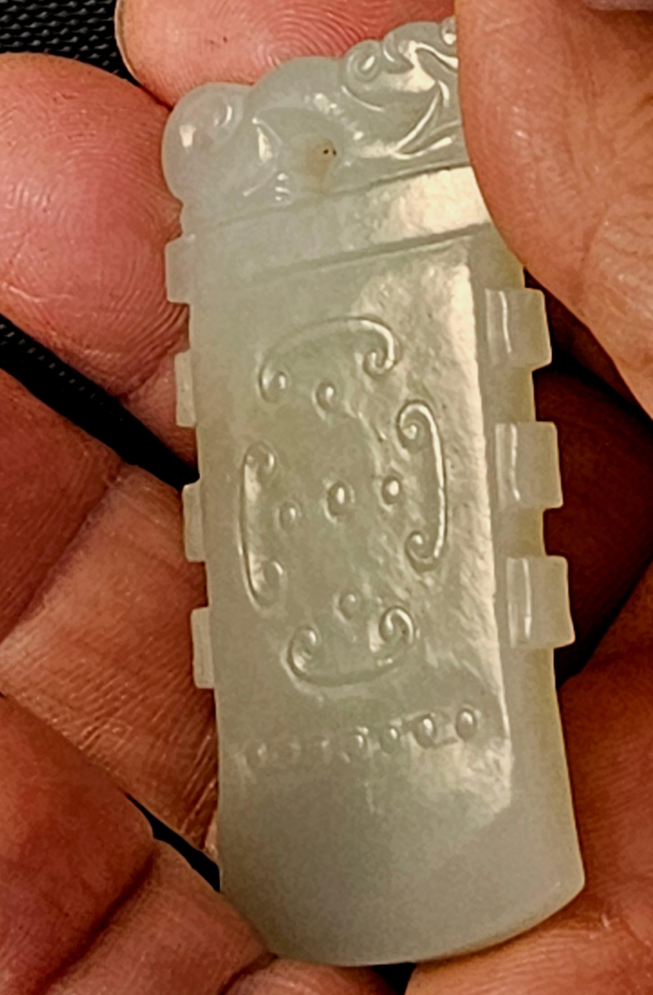 Hand-Carved Antique Chinese Carved Celadon axe shaped Jade Pendant, 19th C.