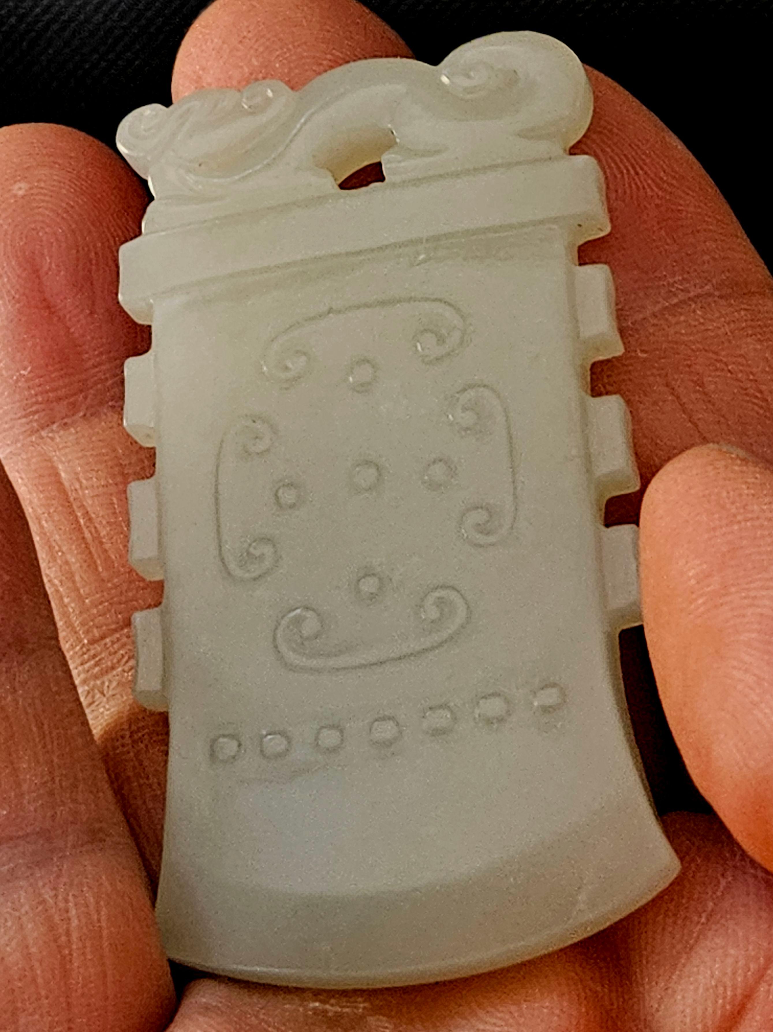Antique Chinese Carved Celadon axe shaped Jade Pendant, 19th C. 1