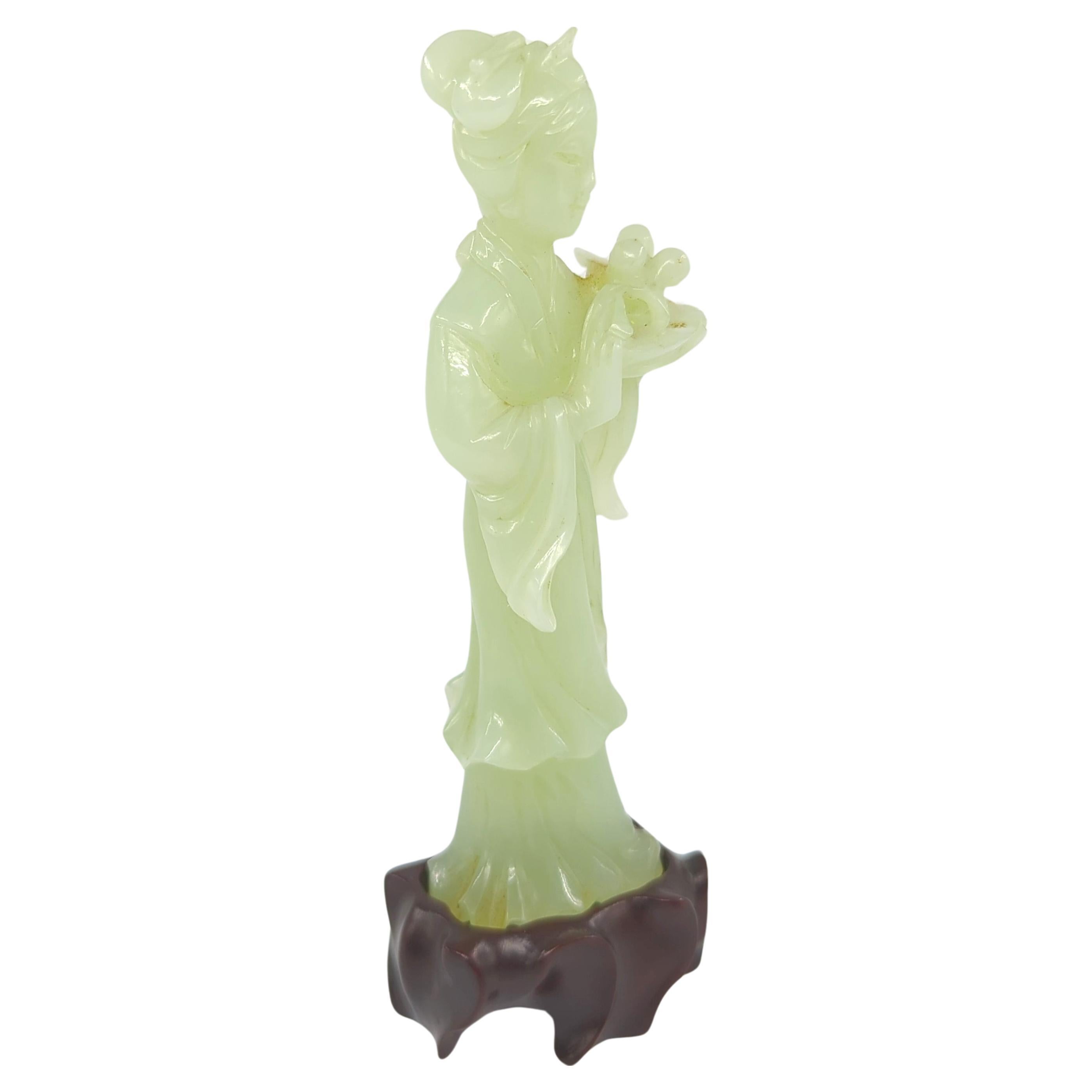 Hand-Carved Antique Chinese Carved Celadon Jade Beauty Fairy Lady On Zitan Stand Qing 19c For Sale