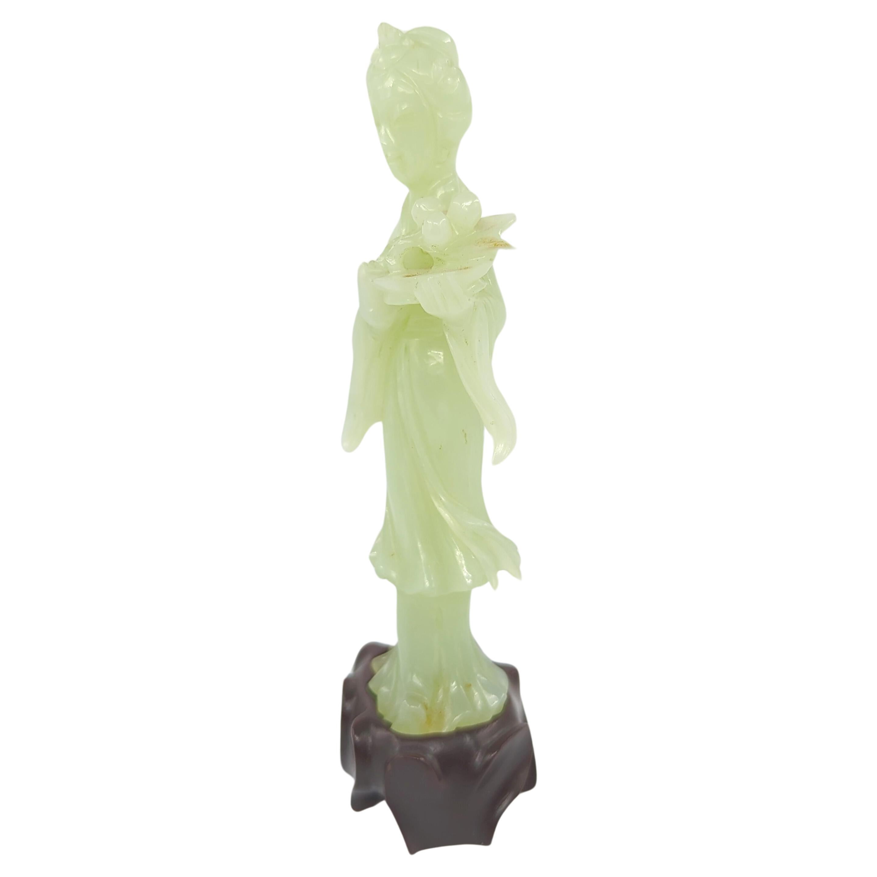 Antique Chinese Carved Celadon Jade Beauty Fairy Lady On Zitan Stand Qing 19c In Good Condition For Sale In Richmond, CA