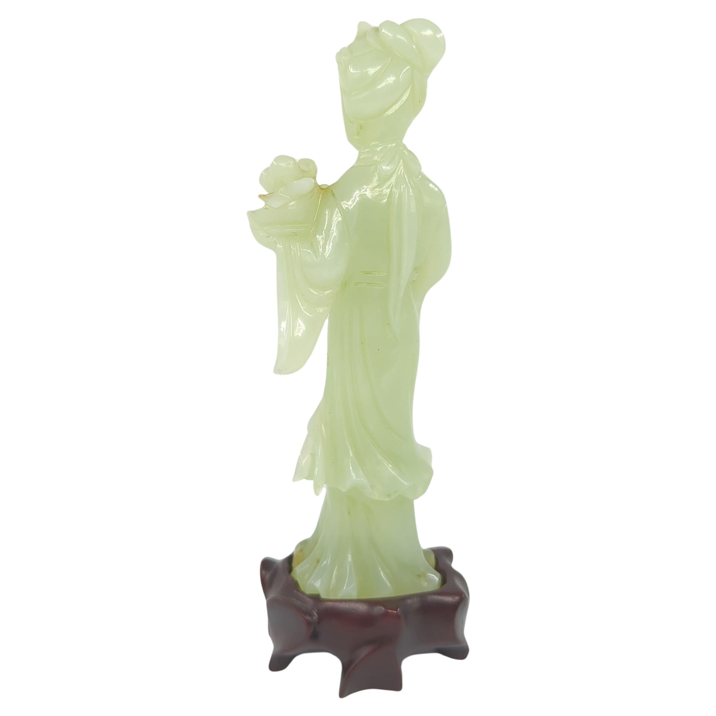19th Century Antique Chinese Carved Celadon Jade Beauty Fairy Lady On Zitan Stand Qing 19c For Sale