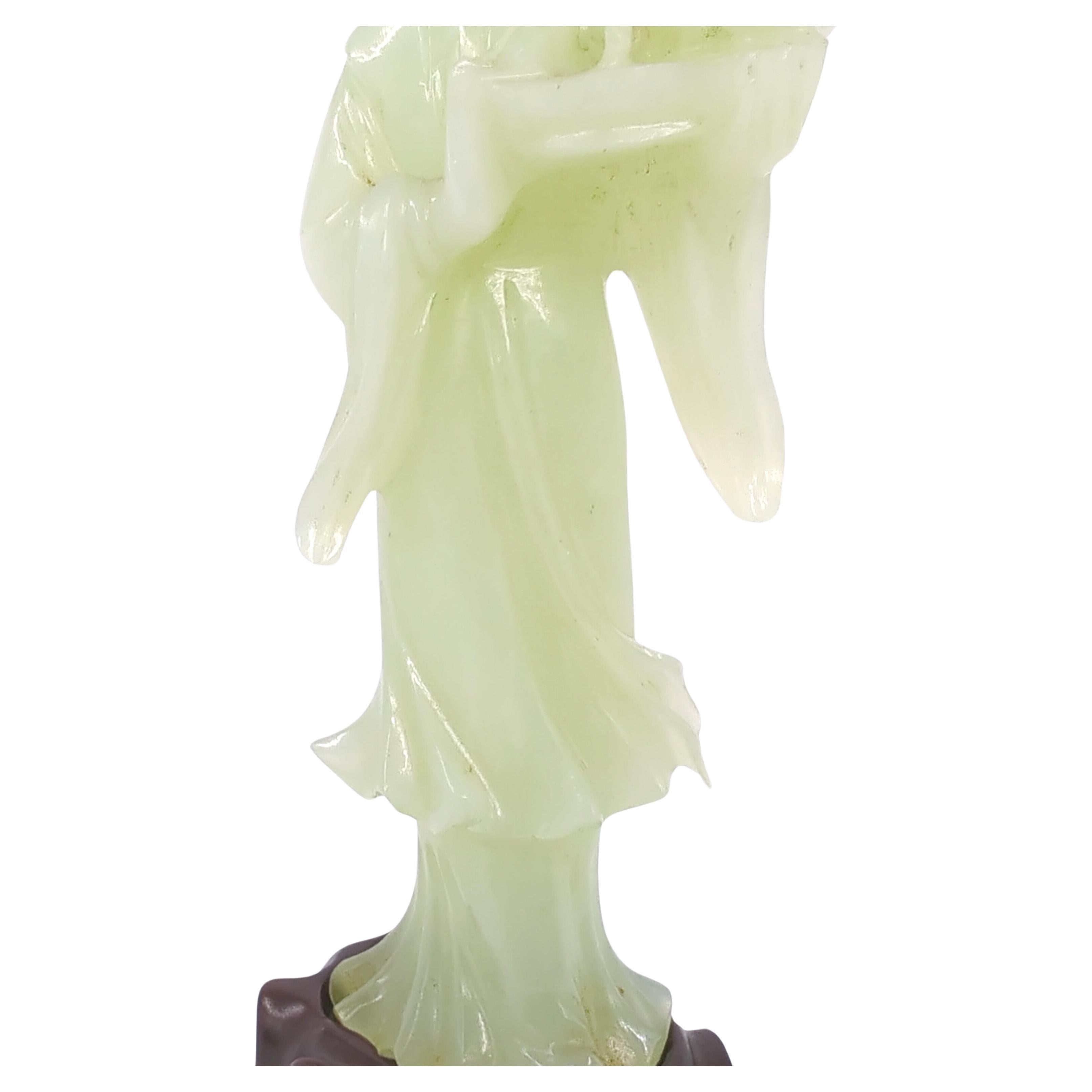 Antique Chinese Carved Celadon Jade Beauty Fairy Lady On Zitan Stand Qing 19c For Sale 4