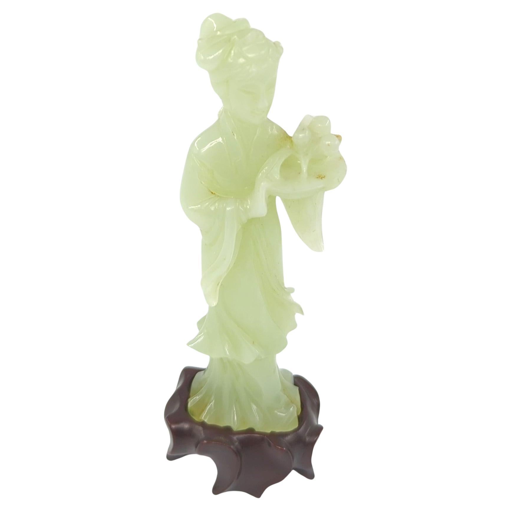 Antique Chinese Carved Celadon Jade Beauty Fairy Lady On Zitan Stand Qing 19c